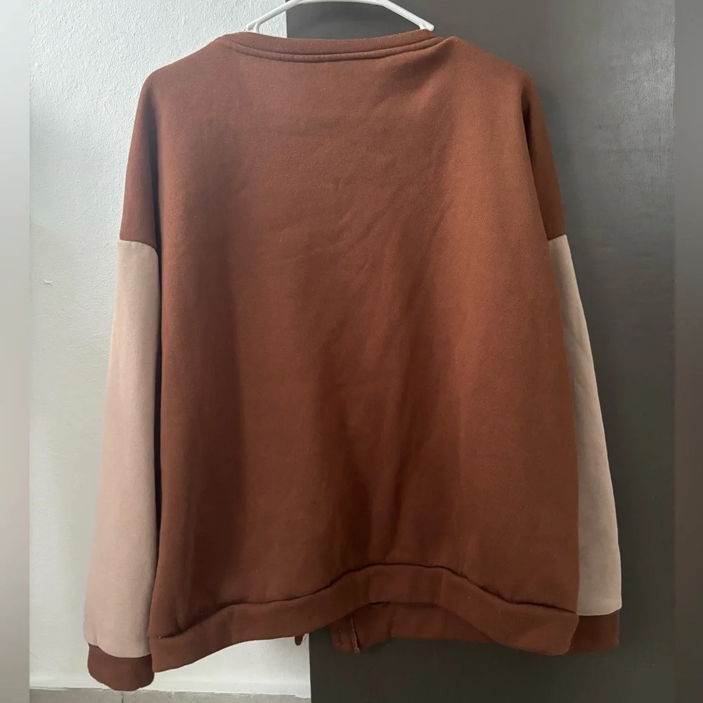 Brown & Beige Varsity Fleece Button Front Jacket - Size L